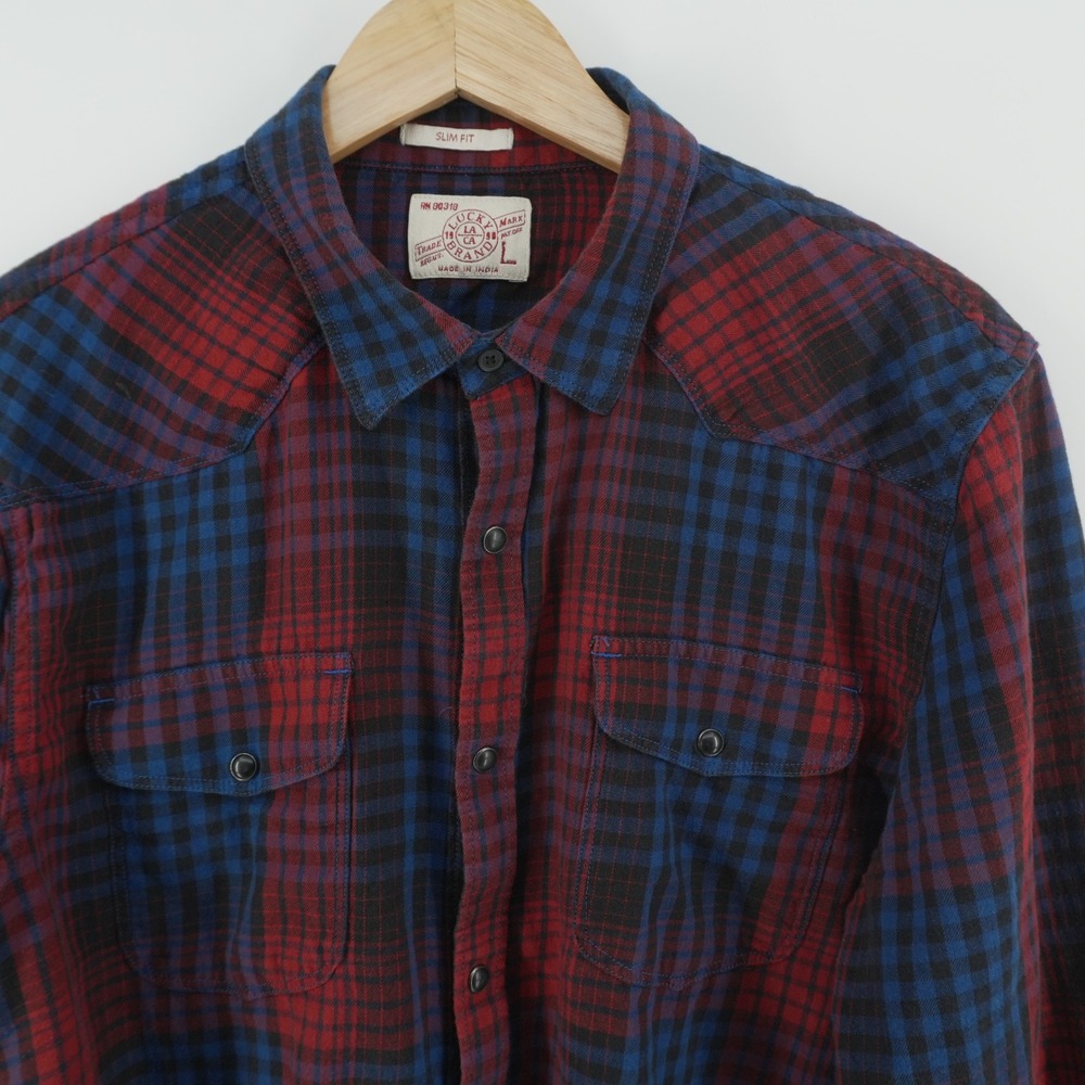 Lucky Brand Flannel Shirt Mens L Red Blue Plaid Slim Fit Western Snap Pocket